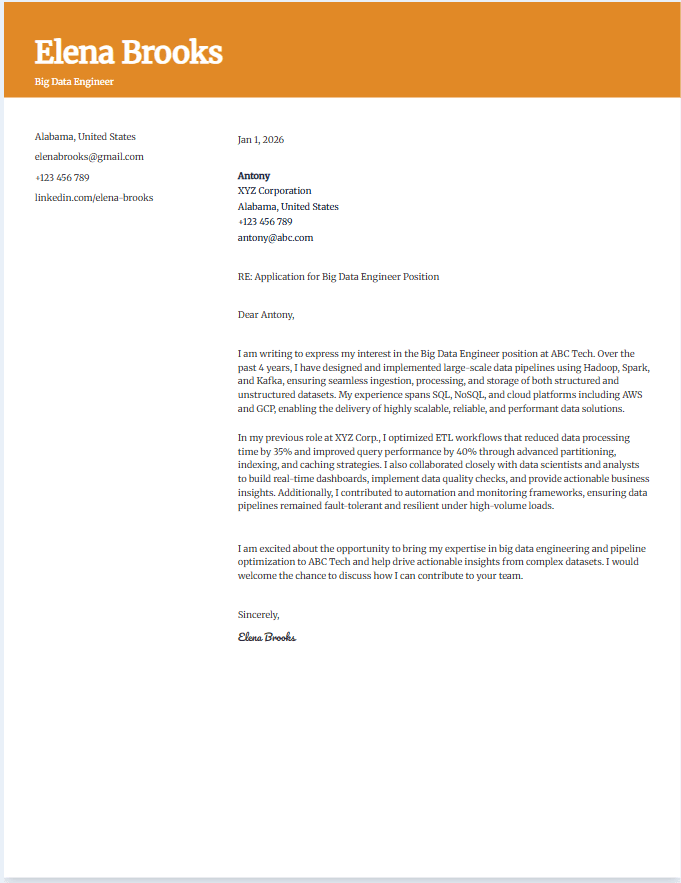 Cover letter example for big data engineer