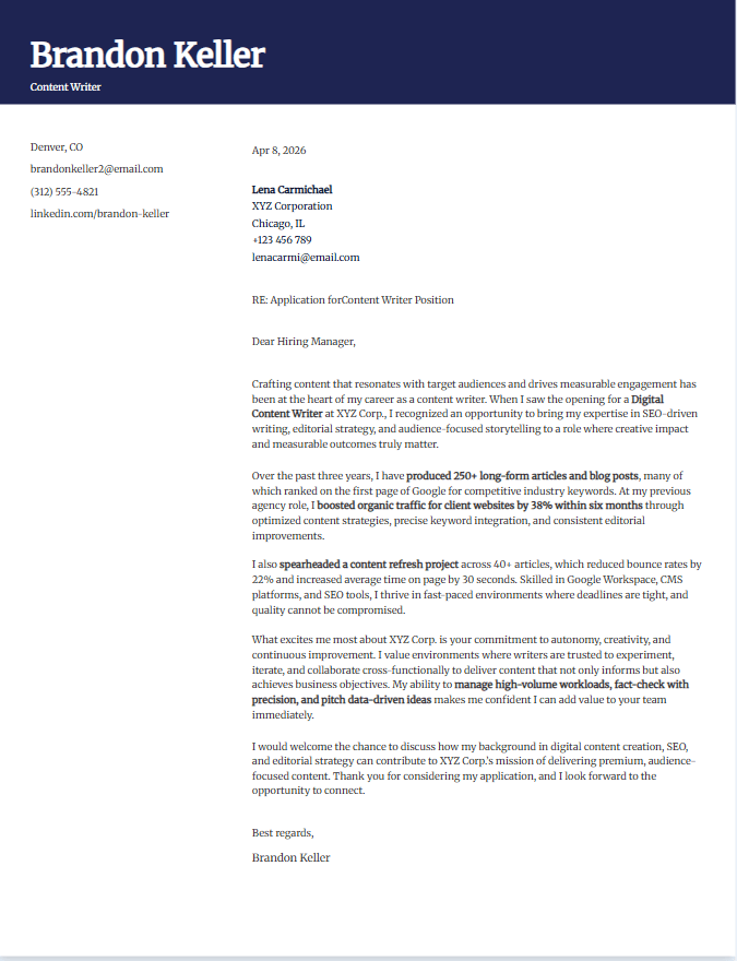 Cover letter example for content writer