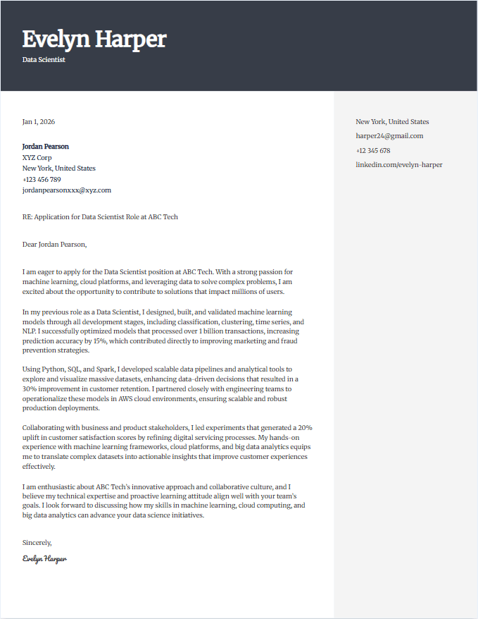 Sample cover letter for data scientist