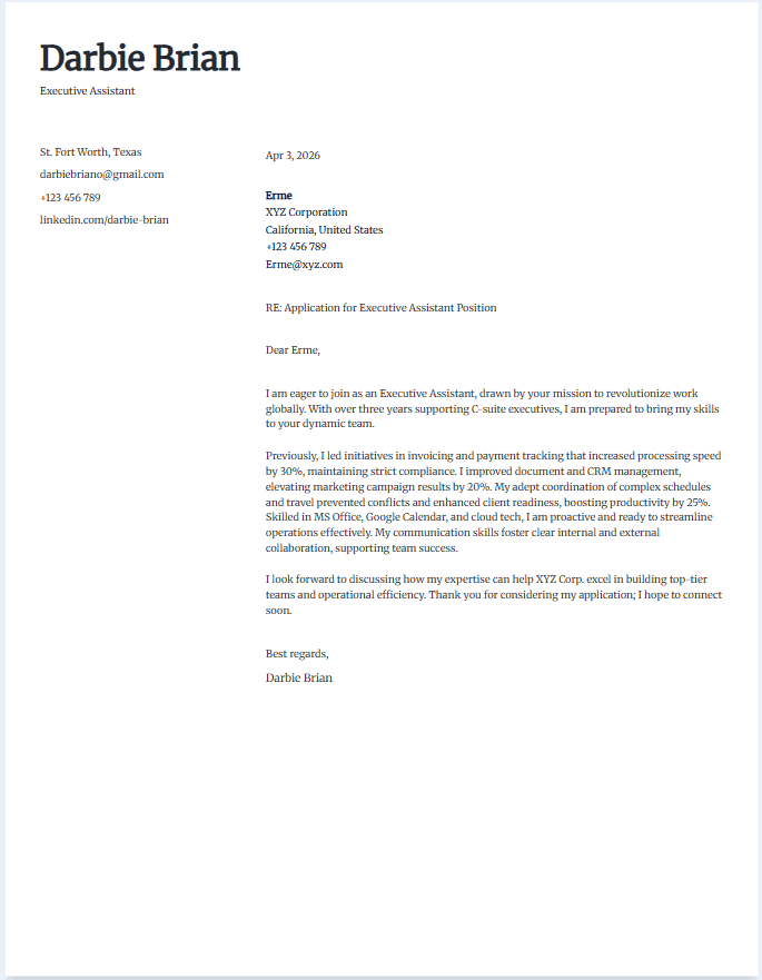 Cover letter example for executive assistant