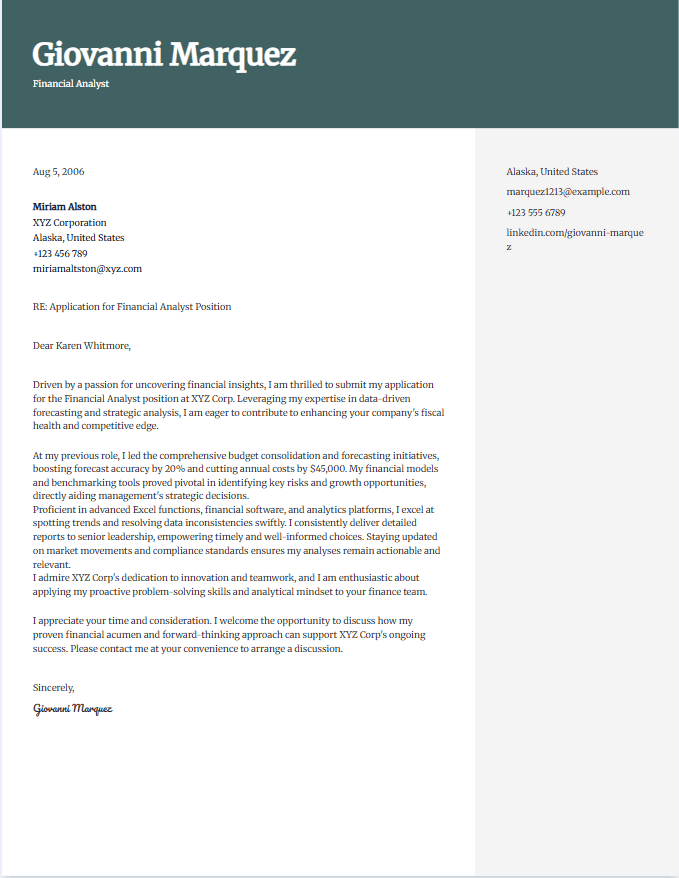 Cover letter example for financial analyst