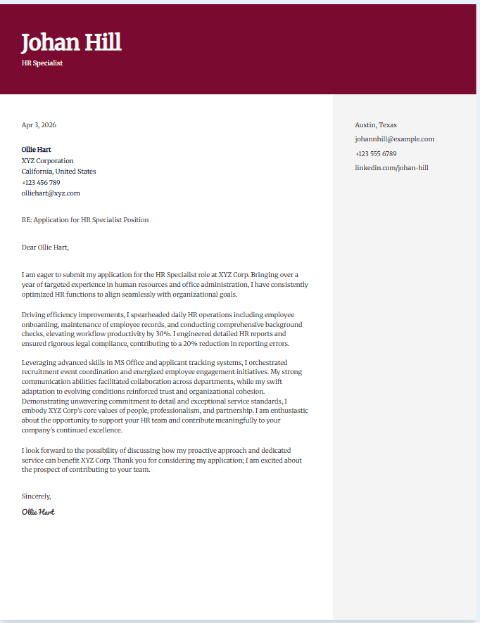 Sample cover letter for HR specialist