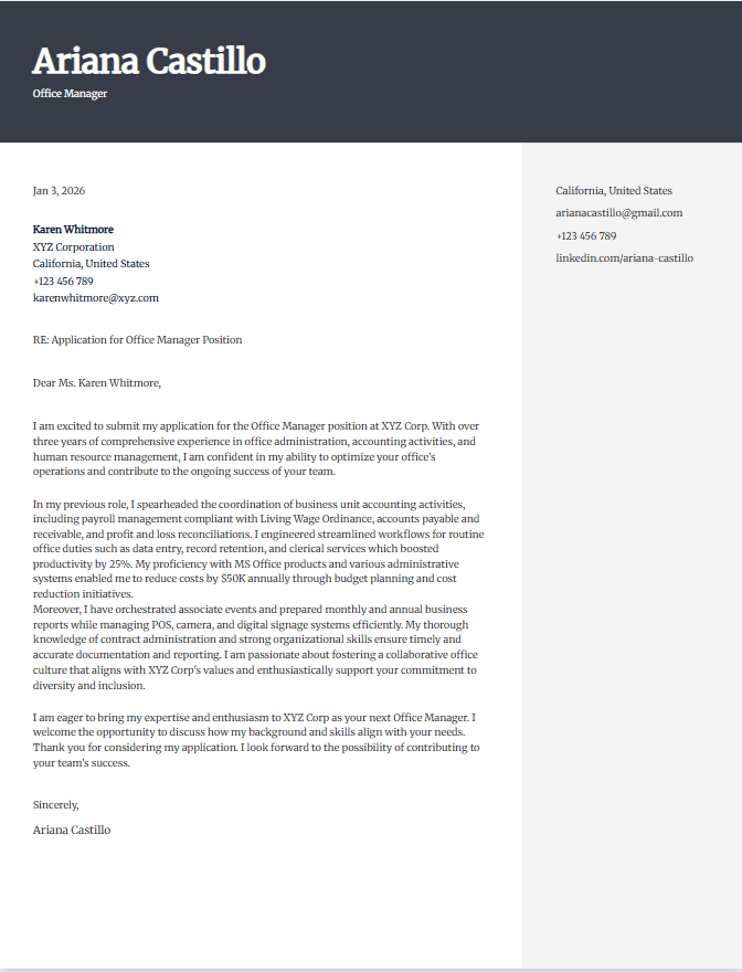 Cover letter example for office manager