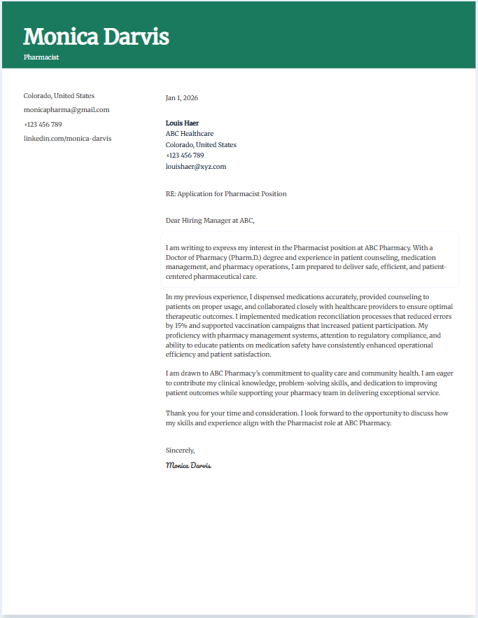 Sample cover letter for pharmacist