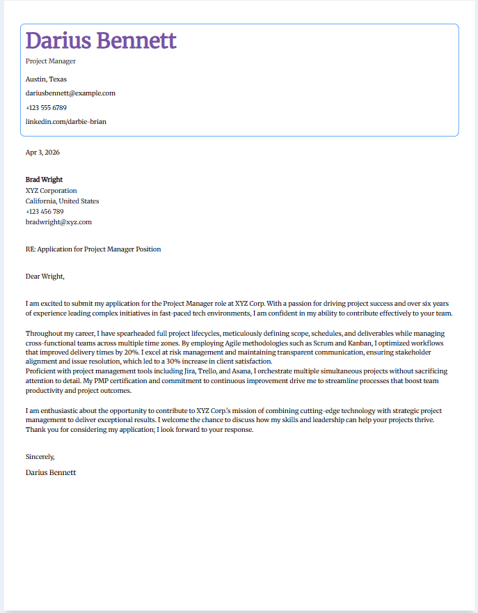 Cover letter example for project manager
