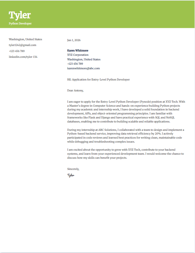 Cover letter example for Python developer