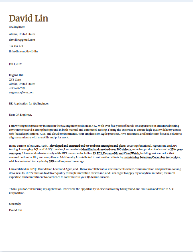 Sample cover letter for QA/Test engineer