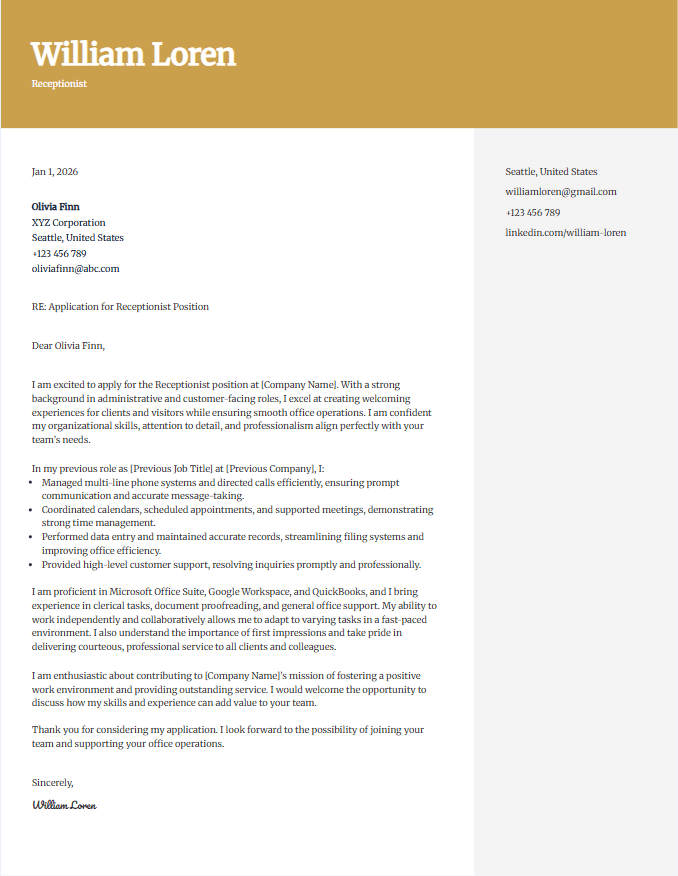 Sample cover letter for receptionist