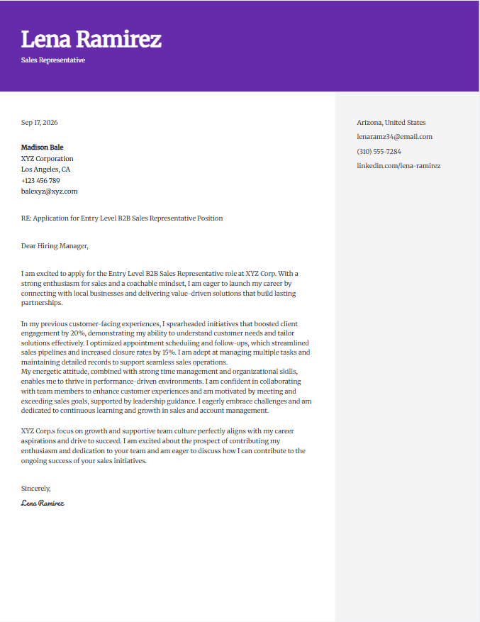 Cover letter example for sales representative