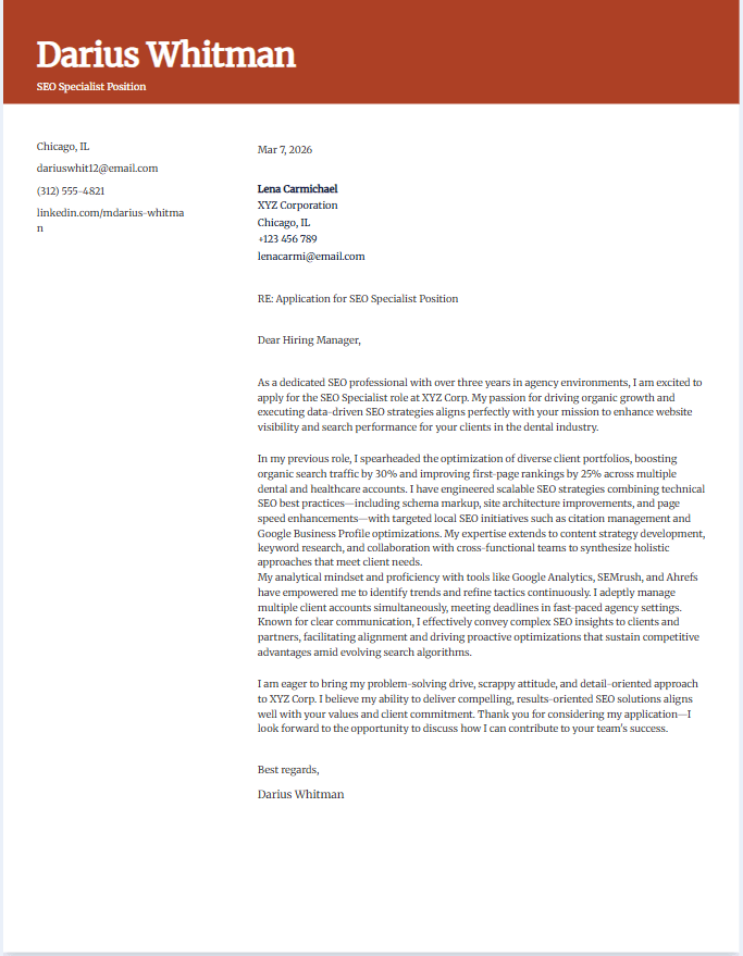 Sample cover letter for SEO specialist