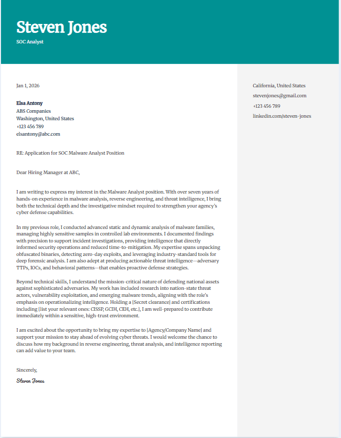 Cover letter example for SOC analyst