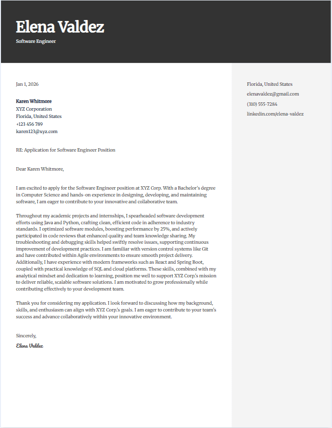 Sample cover letter for software engineer entry level