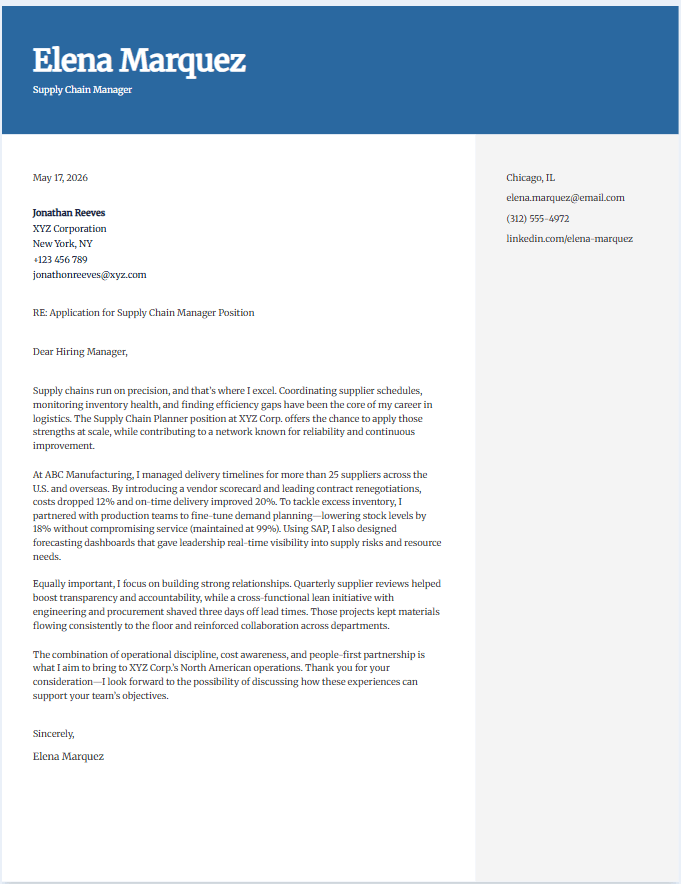 Cover letter example for supply chain manager