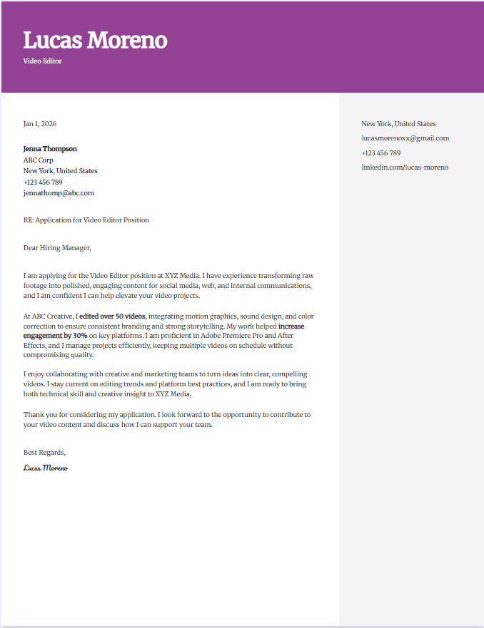 Cover letter example for video editor