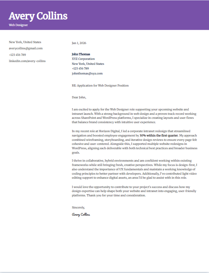 Cover letter example for web designer