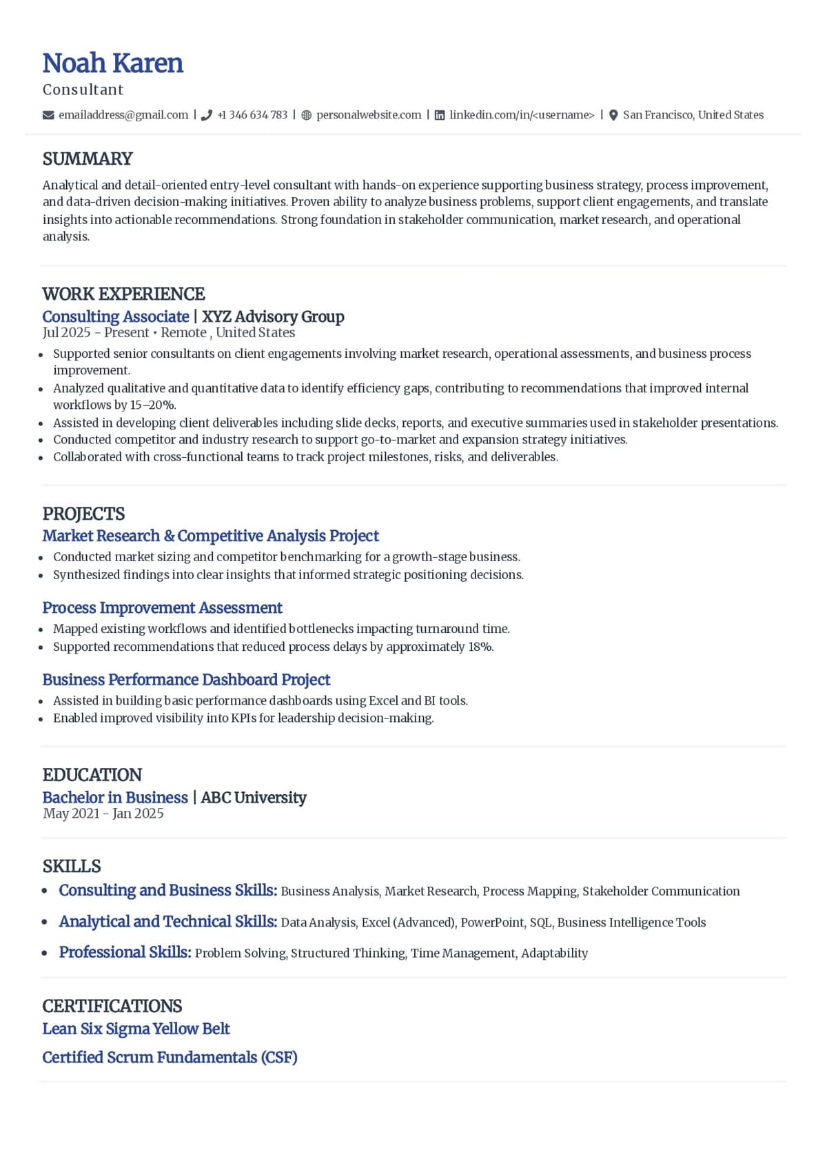 Entry-Level Consultant Resume Example