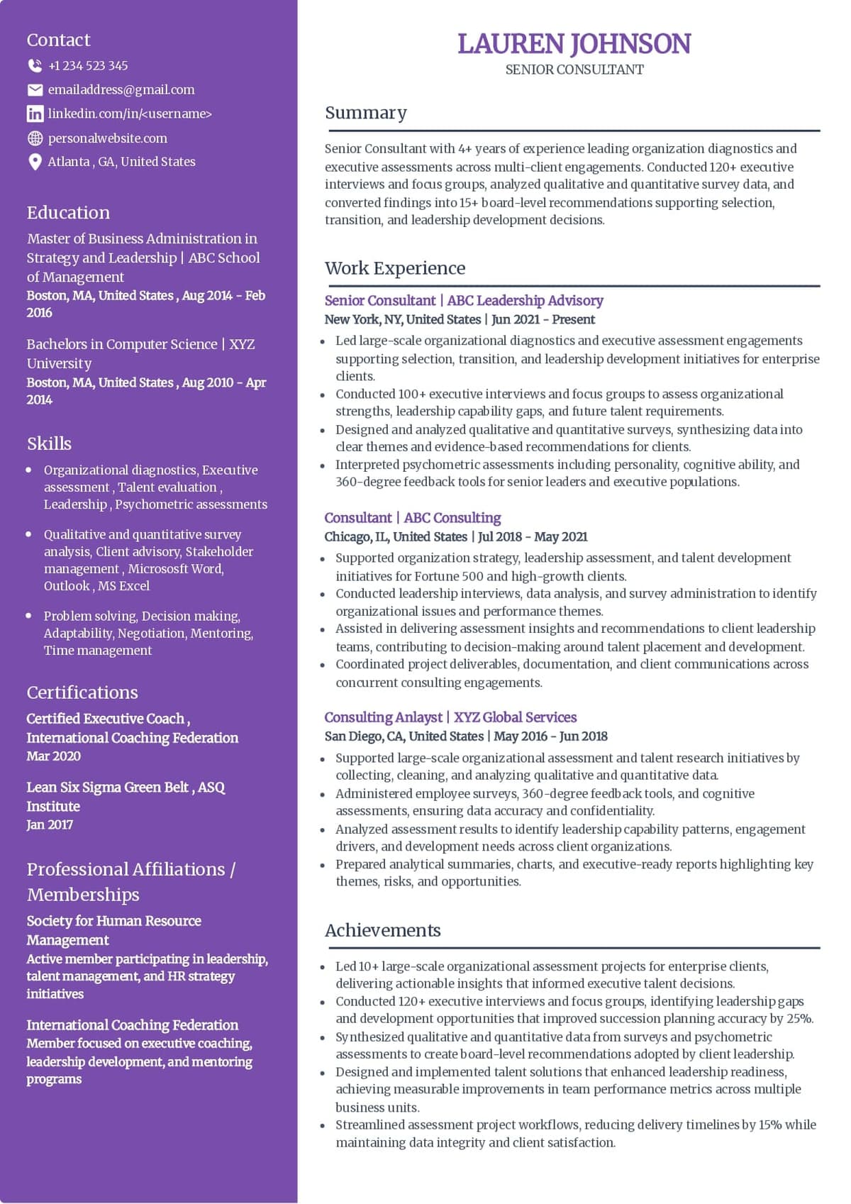 Experienced Senior Consultant Resume Example