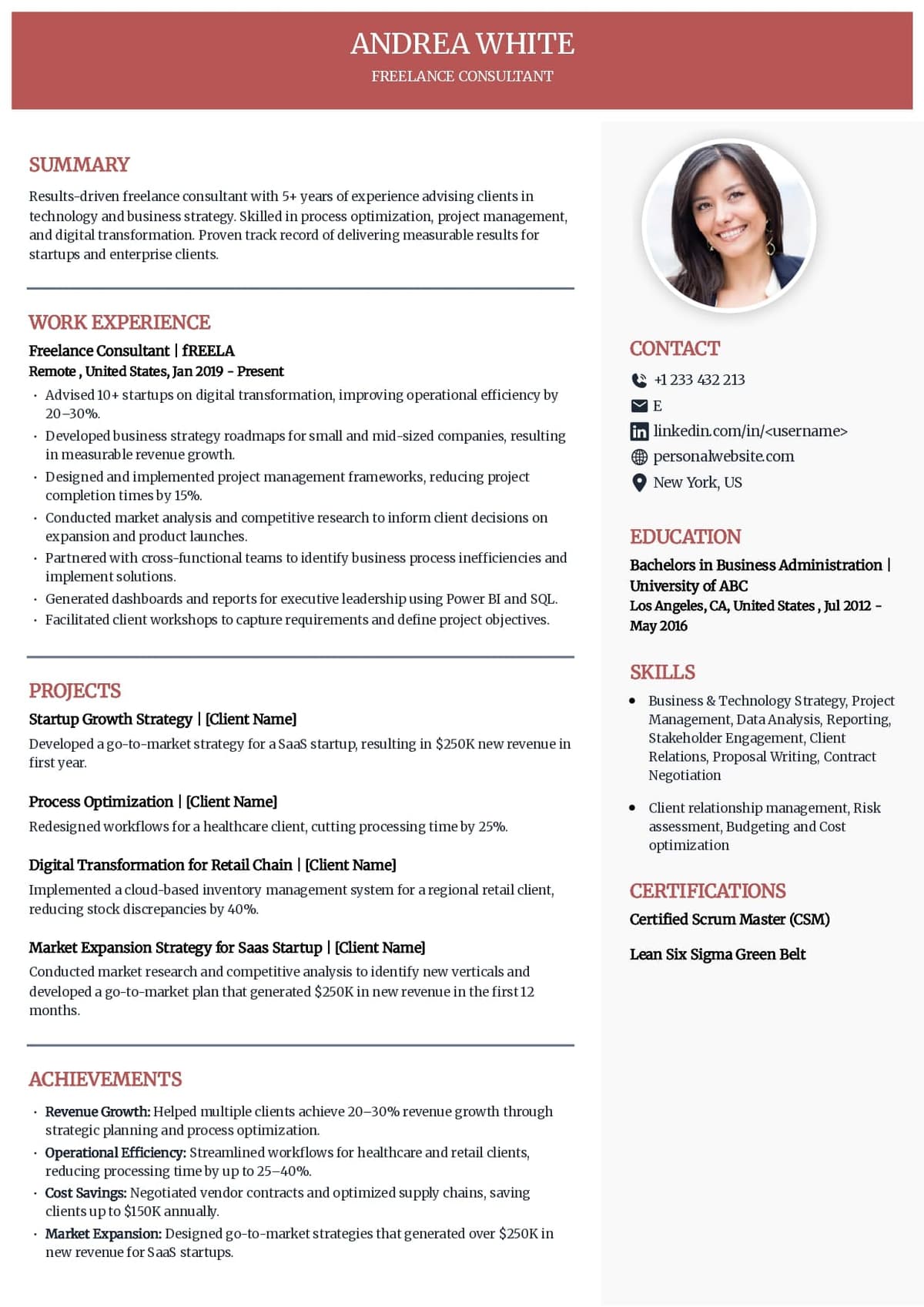 Freelance Consultant Resume Example