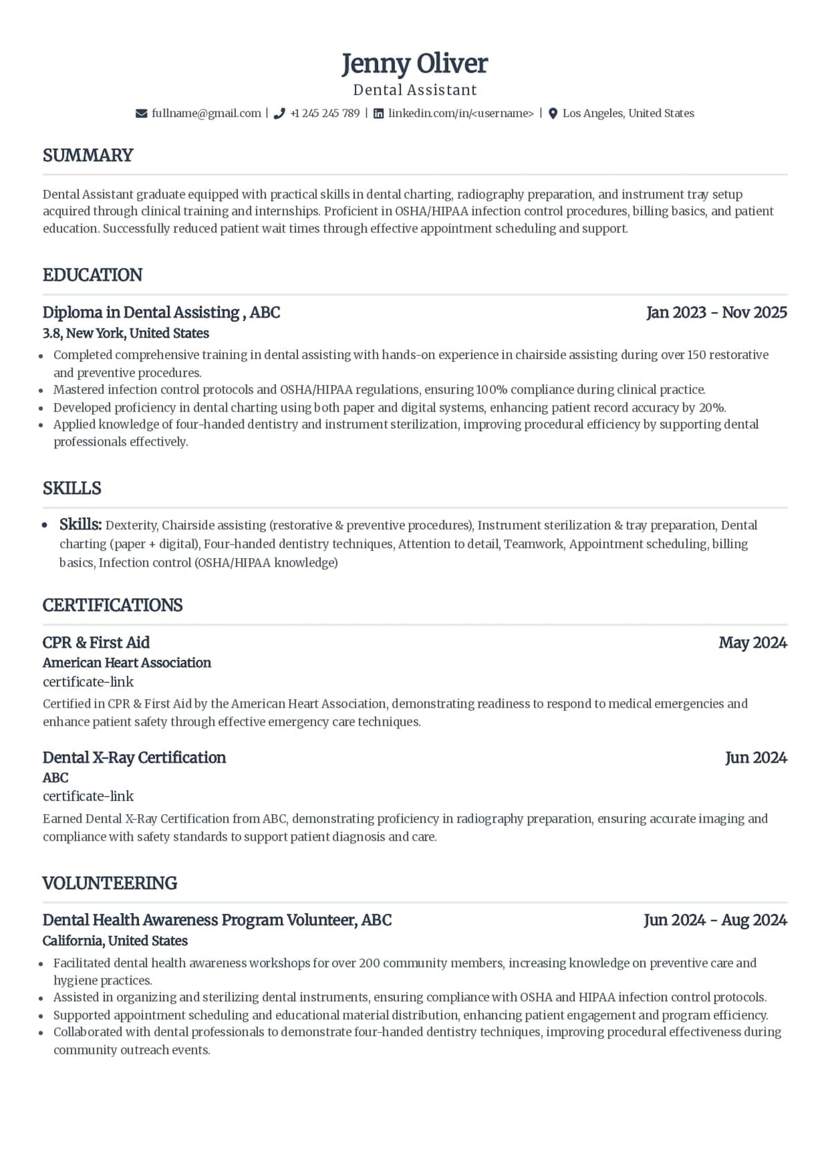 Entry-Level Dental Assistant Resume Example