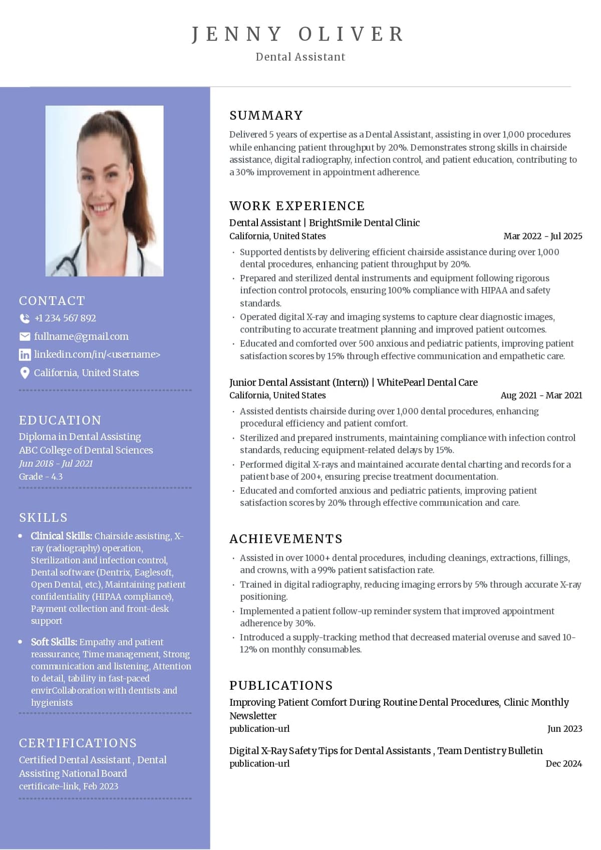 Mid-Level Dental Assistant Resume Example