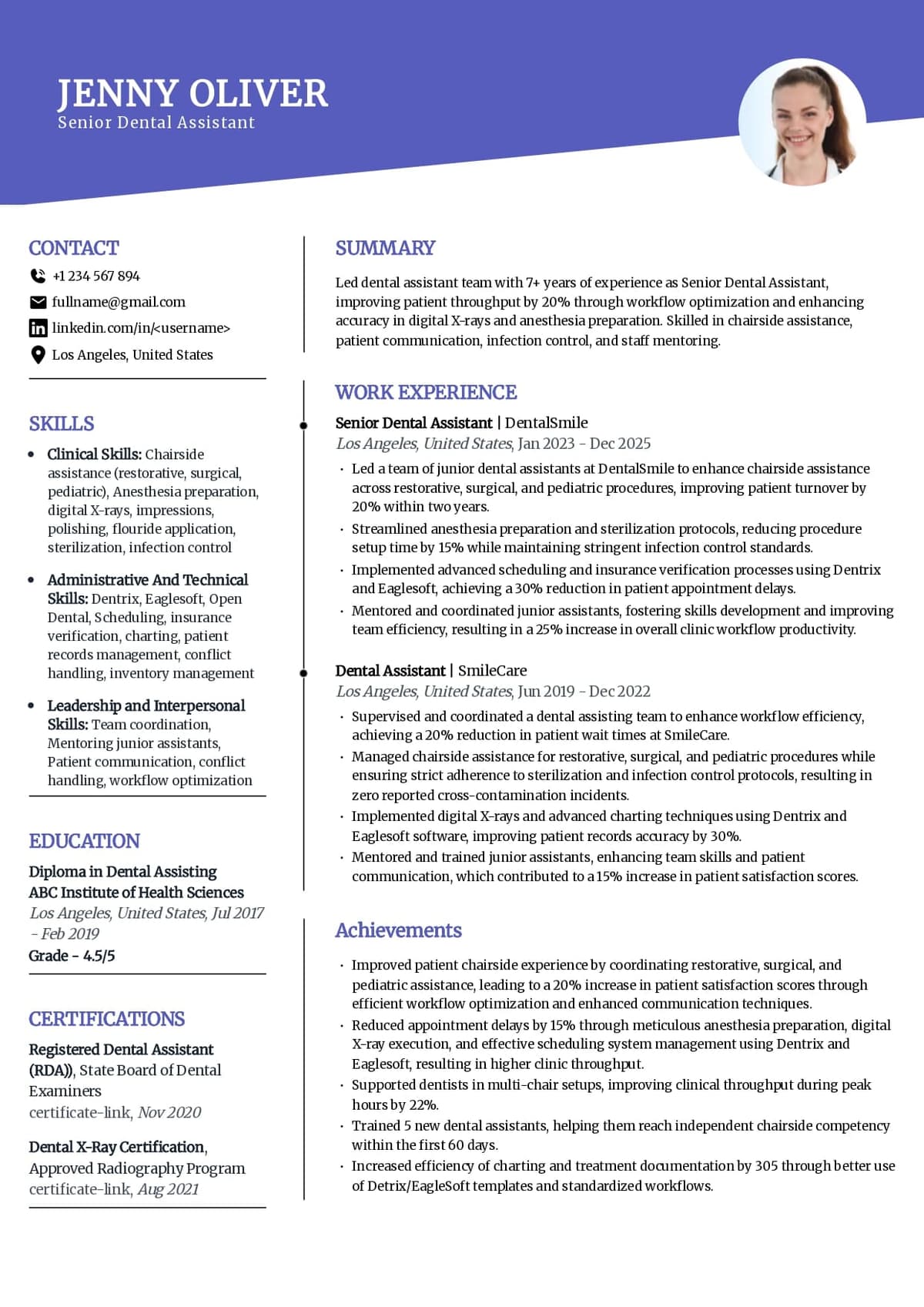Senior Dental Assistant Resume Example