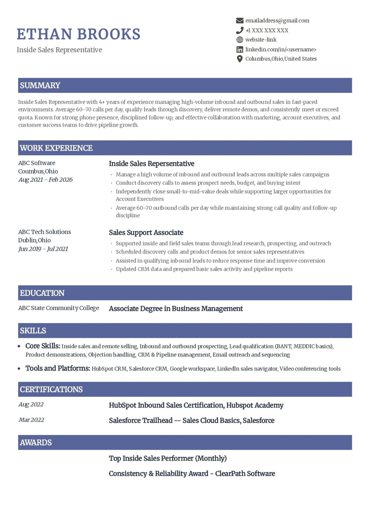 Inside Sales Resume Example