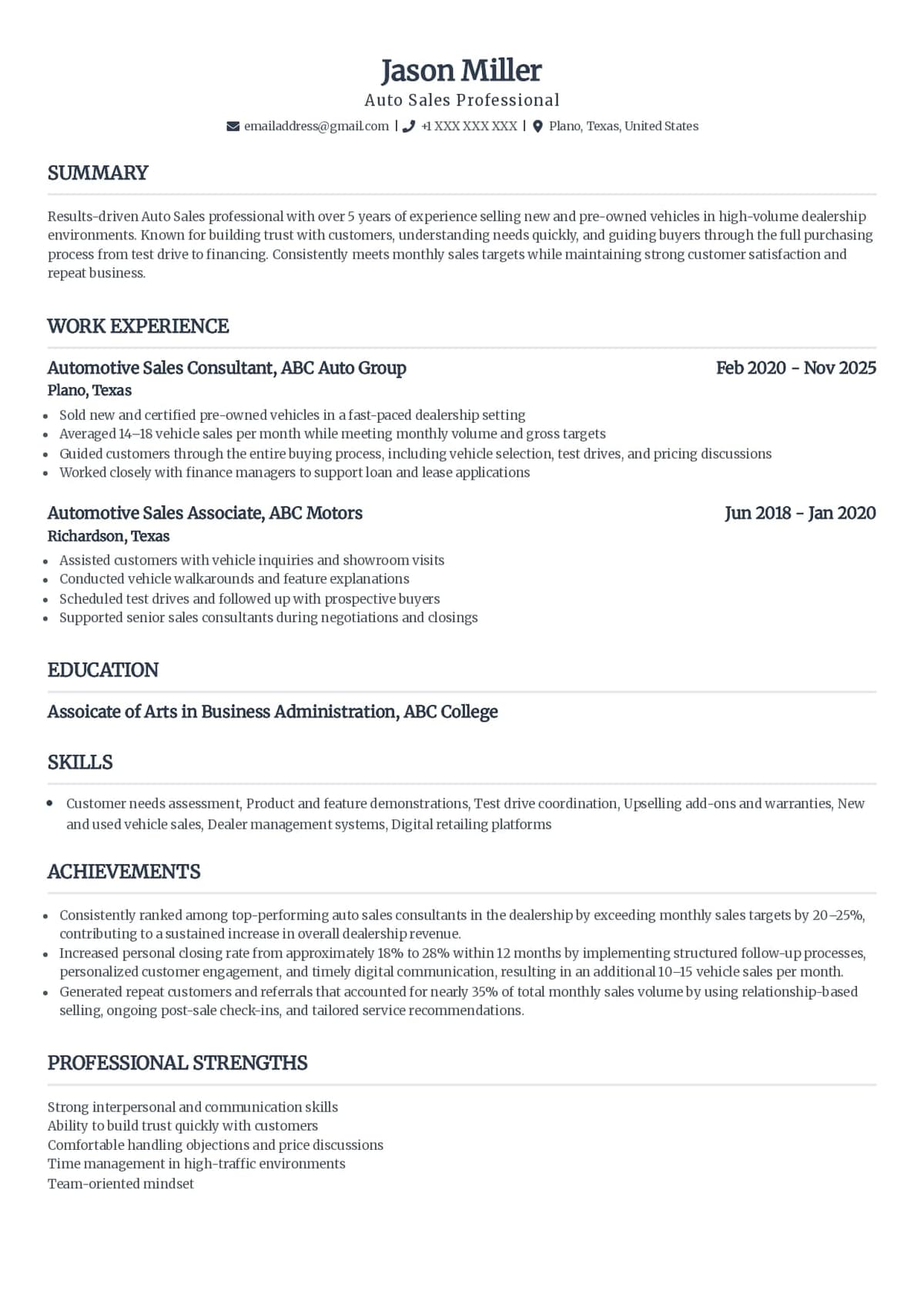 Auto Sales Resume Example