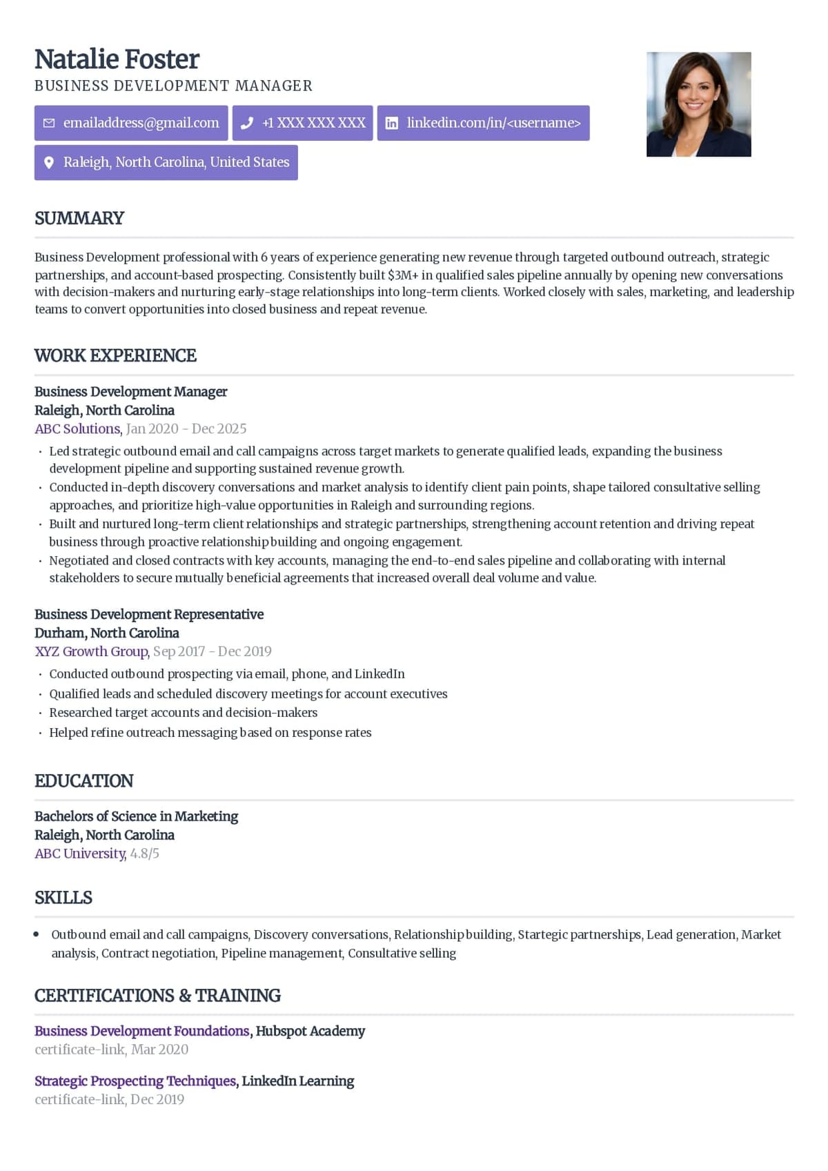 Business Development Manager Resume Example