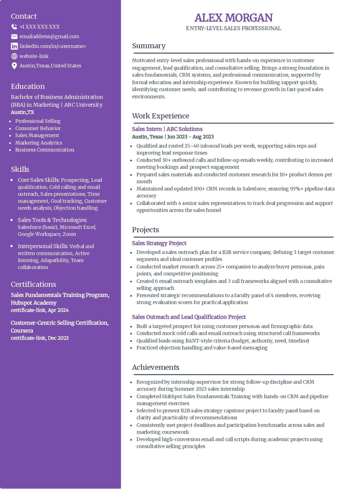 Entry-Level Sales Resume Example