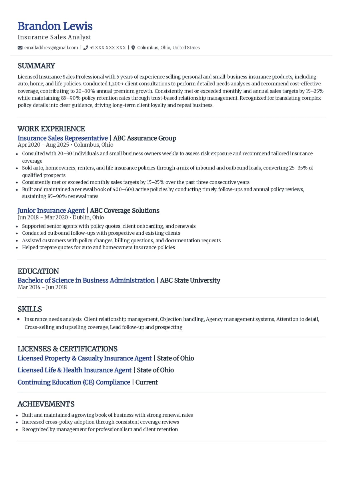 Insurance Sales Resume Example