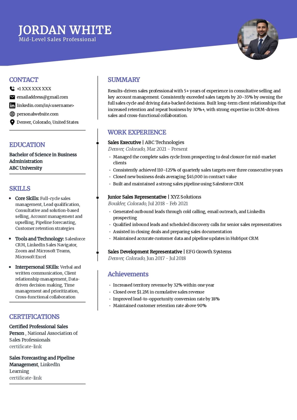 Mid-Level Sales Resume Example