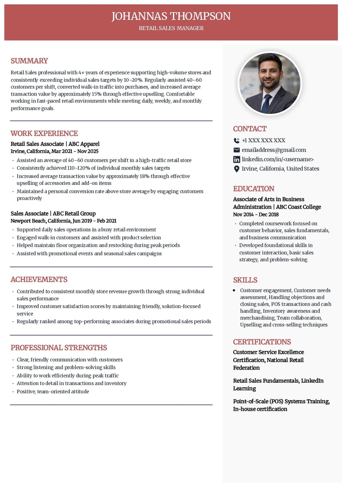 Retail Sales Resume Example