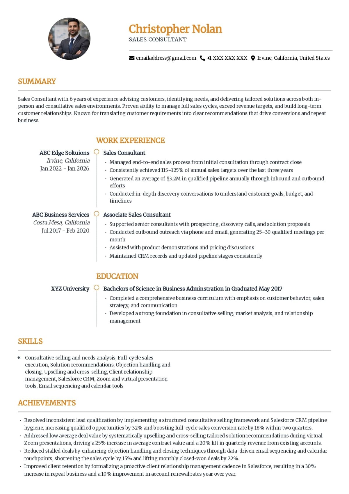 Sales Consultant Resume Example