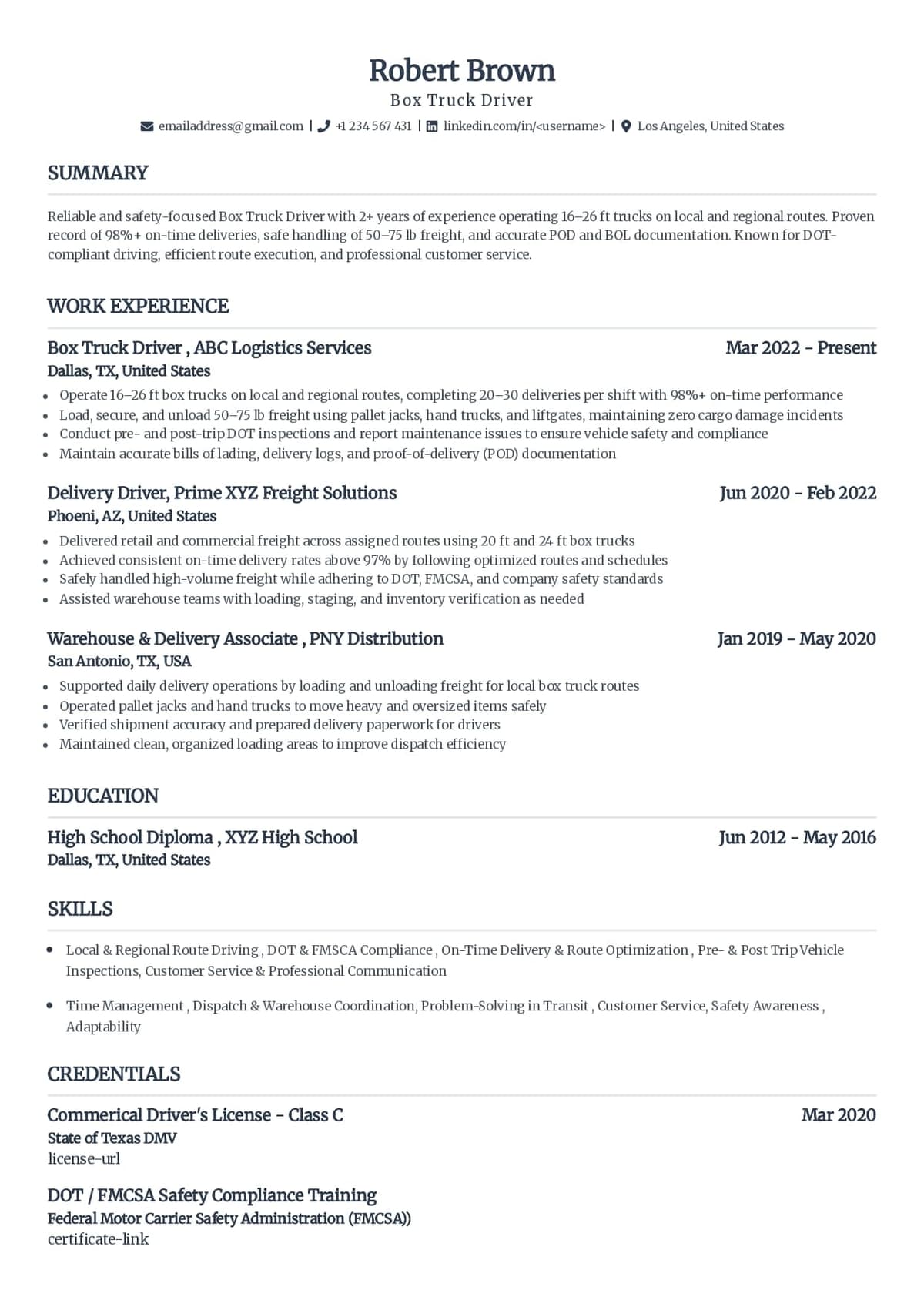 Box Truck Driver Resume Sample