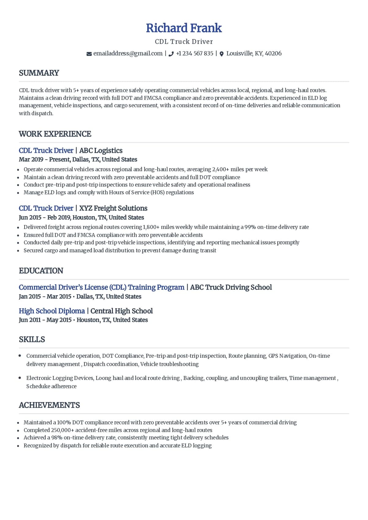 CDL Truck Driver Resume Sample
