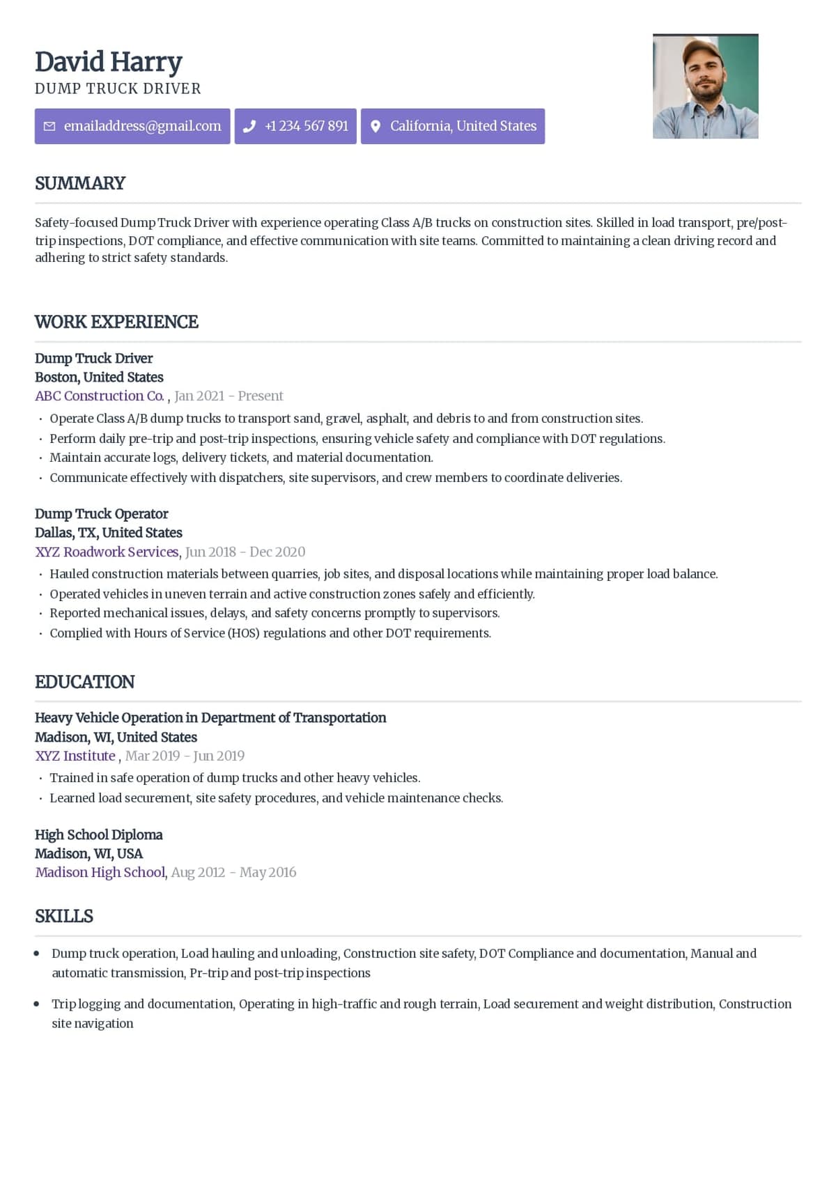 Dump Truck Driver Resume Template