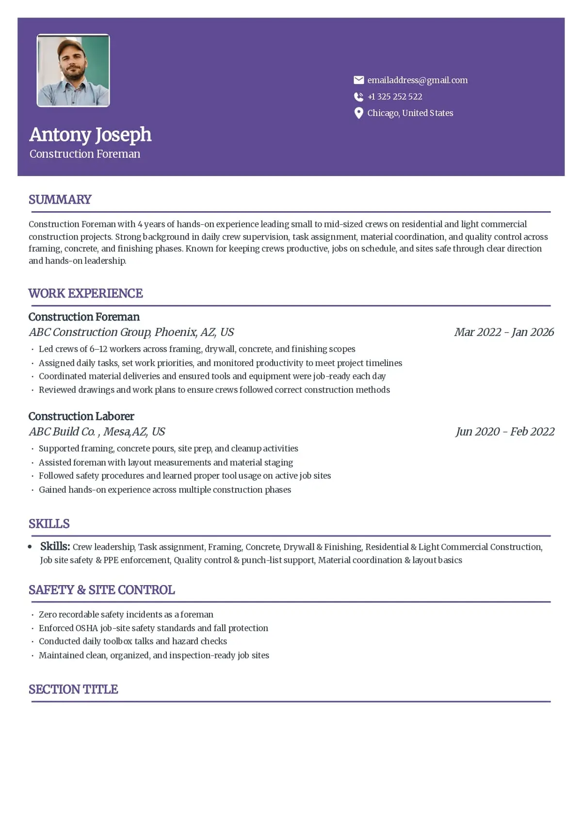 Construction Foreman Resume Example