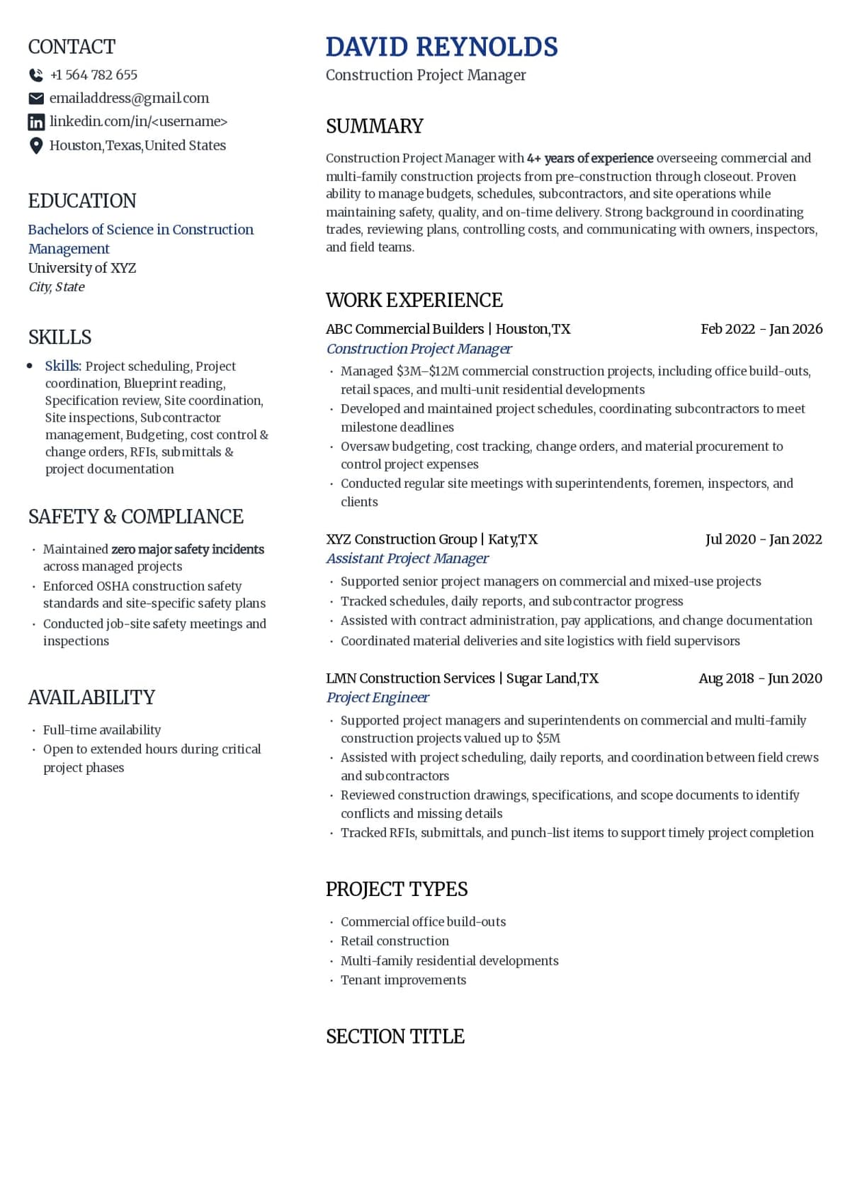 Construction Project Manager Resume Example