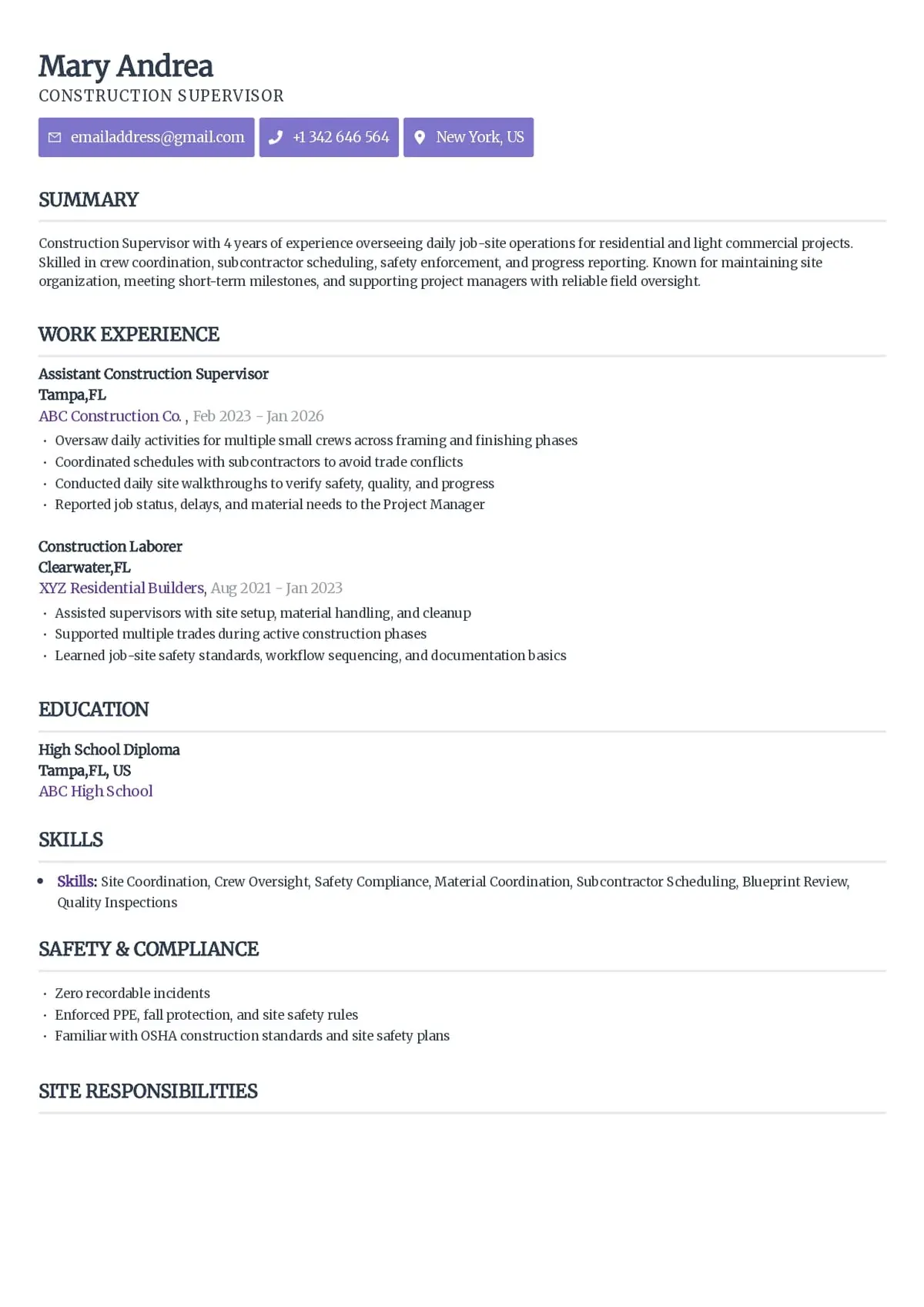 Construction Supervisor Resume Example