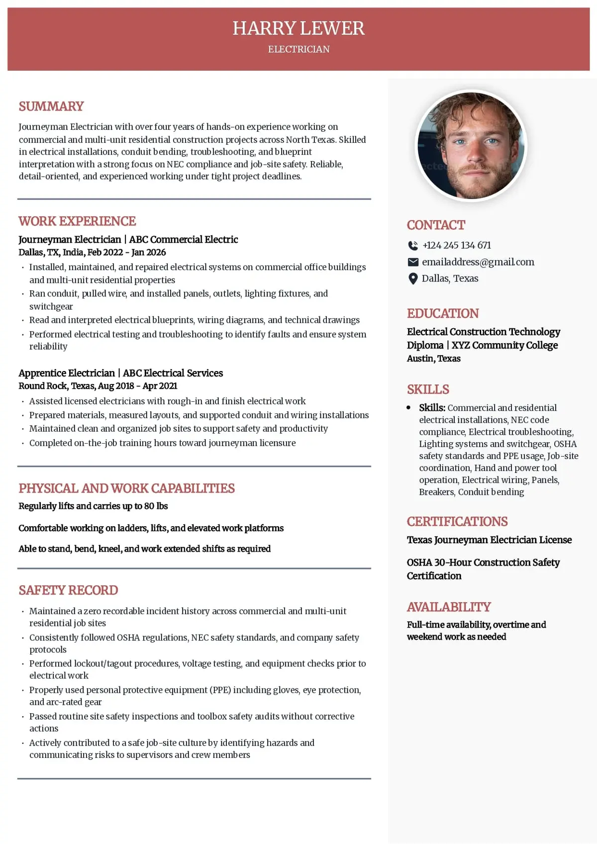 Electrician Resume Example