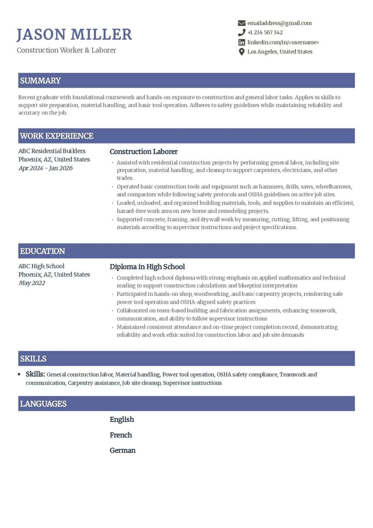 Entry-Level Construction Laborer Resume Example