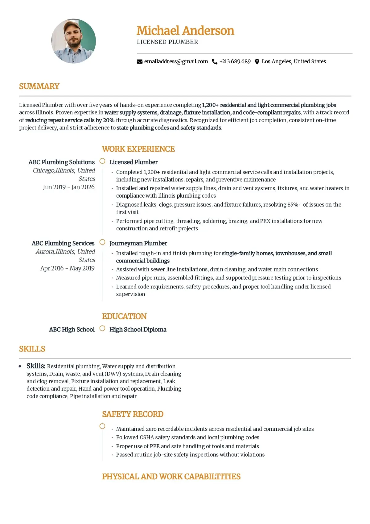Plumber Resume Example