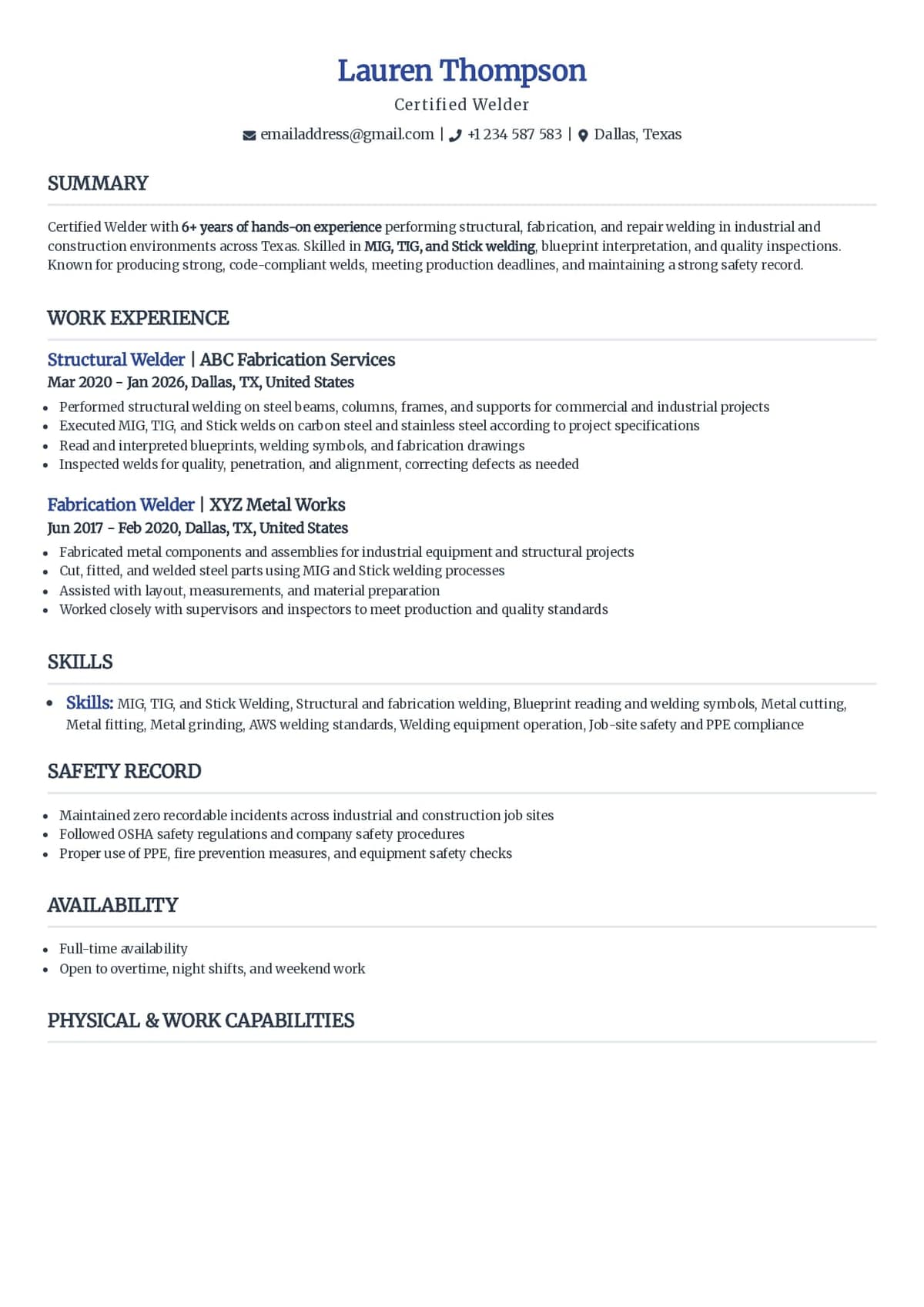 Welder Resume Example