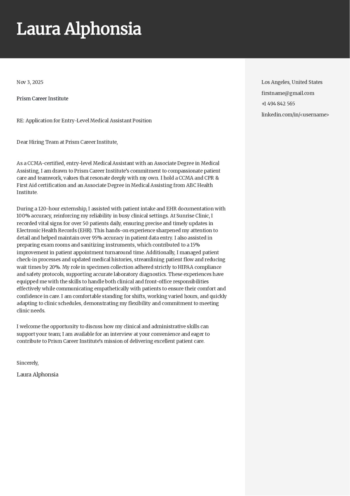 Medical Assistant Cover Letter Example