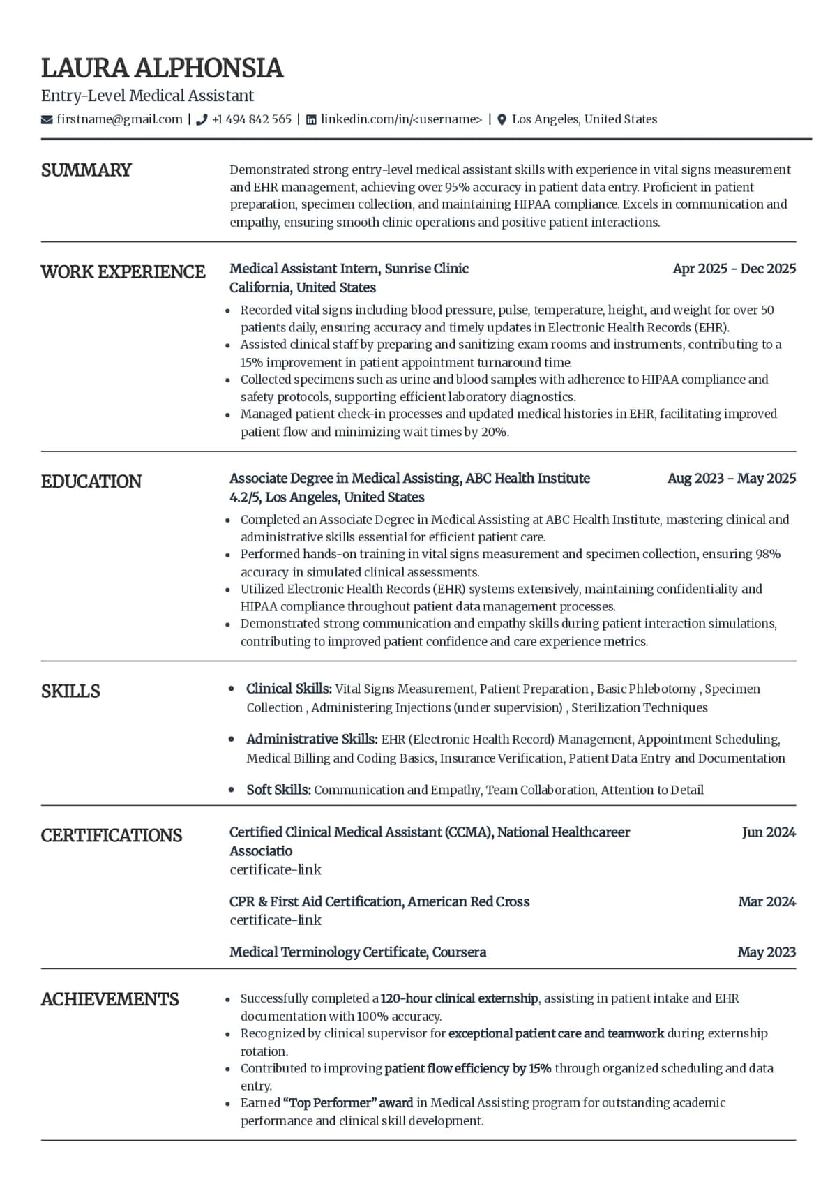 Entry-Level Medical Assistant Resume Example
