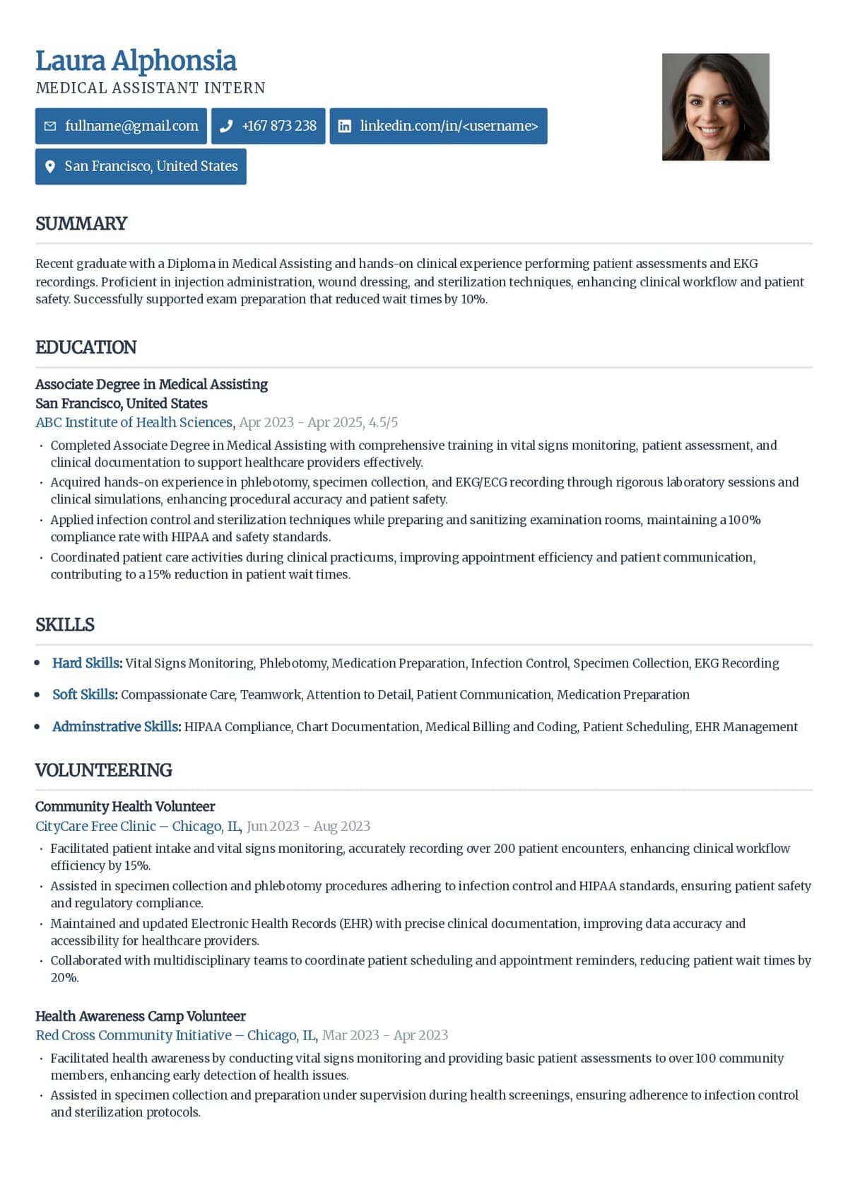 Medical Assistant Internship Resume Example