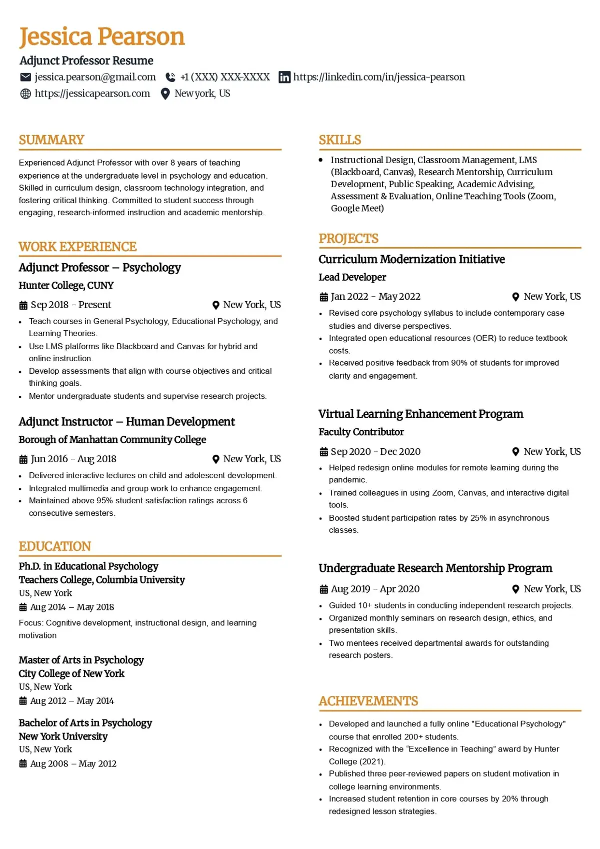 Adjunct Professor Resume Template