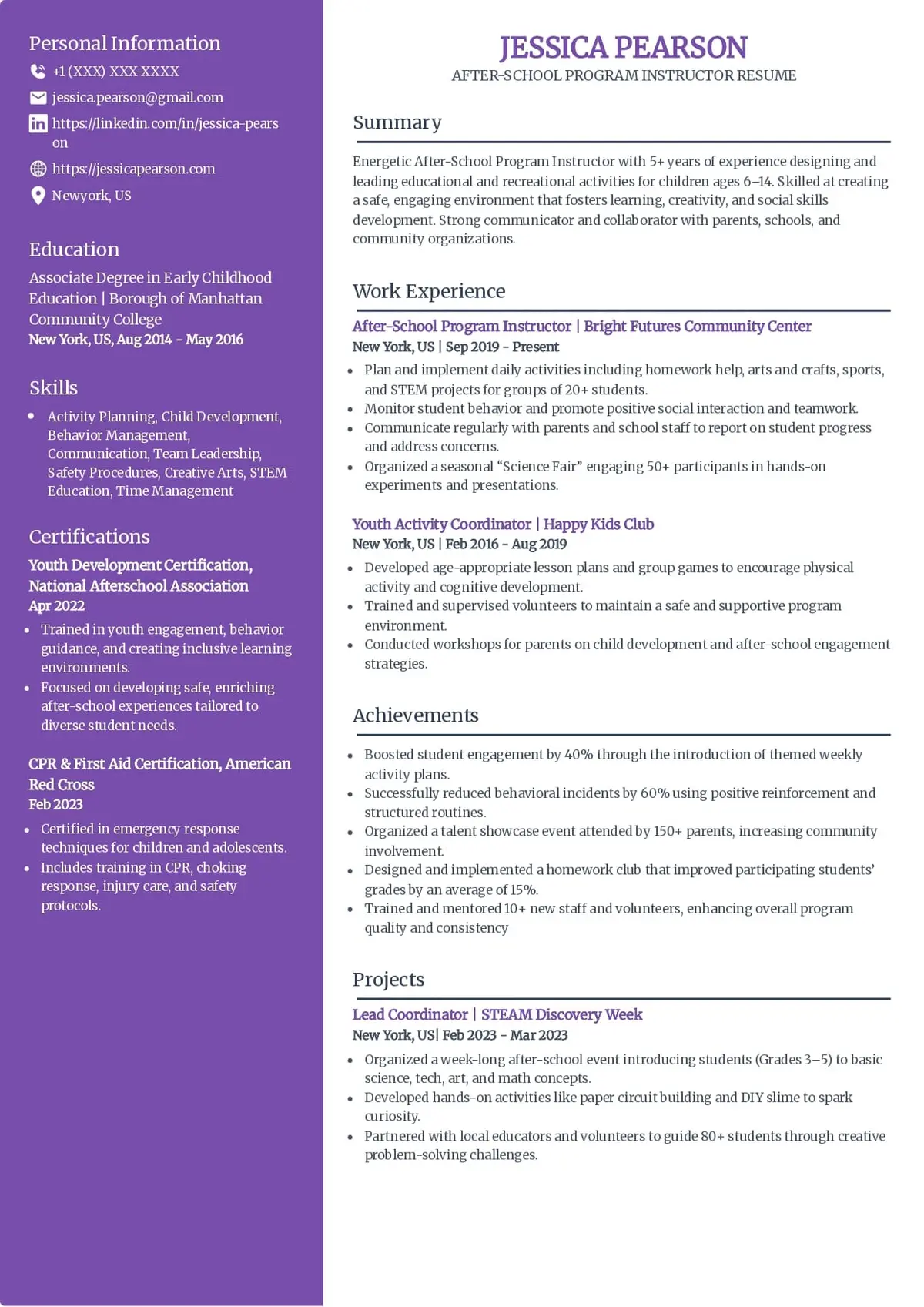 After-School Program Instructor Resume Template
