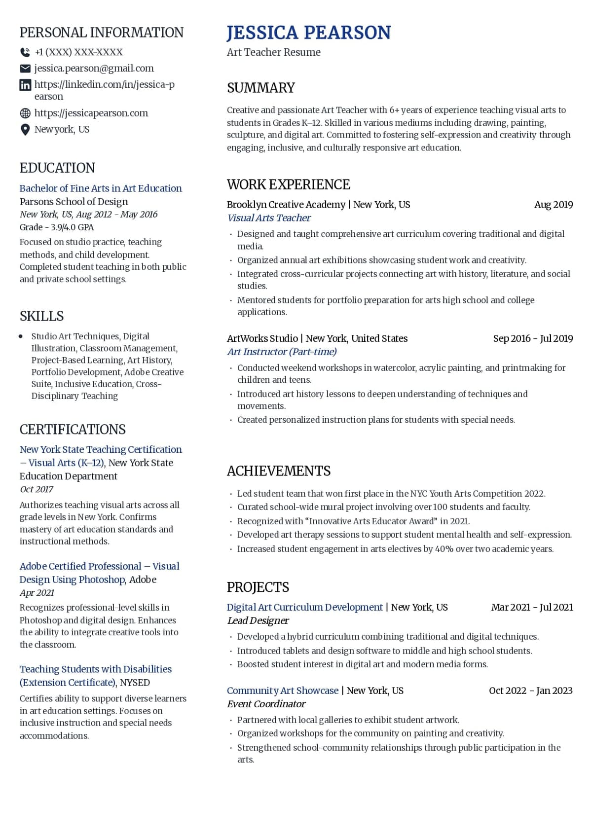 Art Teacher Resume Template