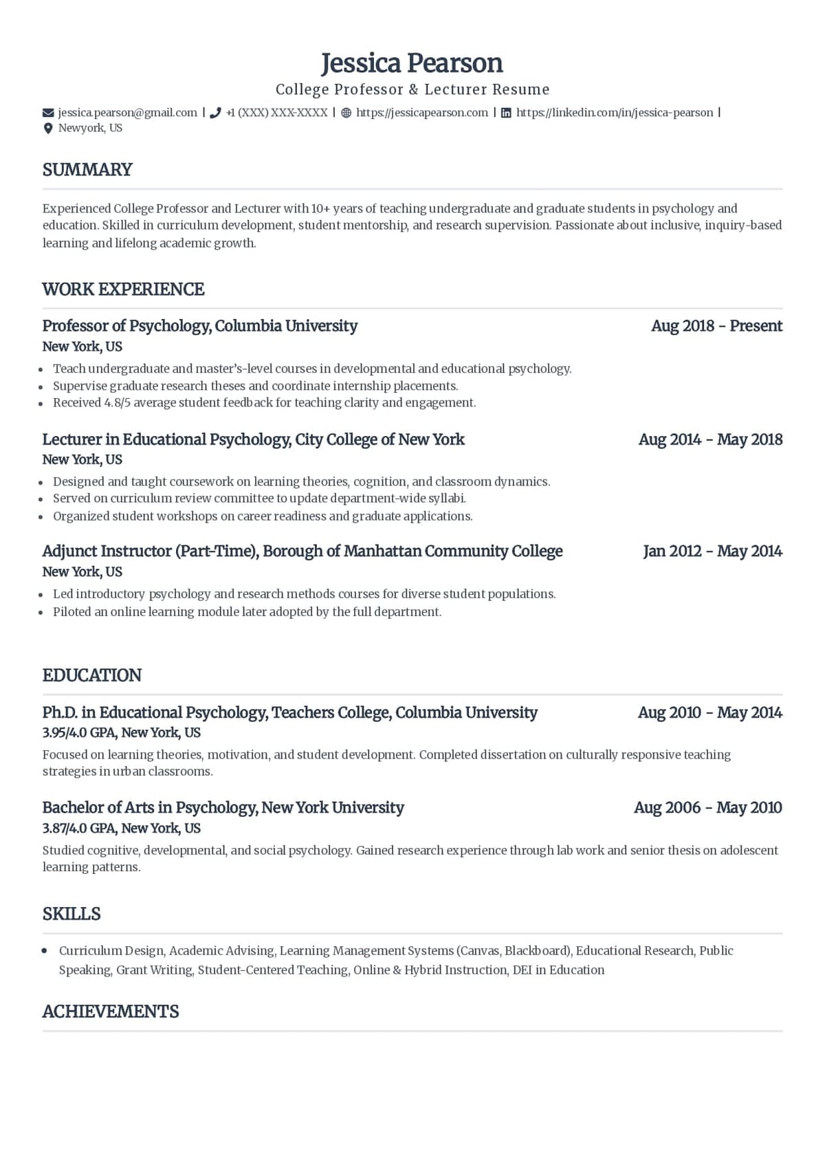 College Professor & Lecturer Resume Template